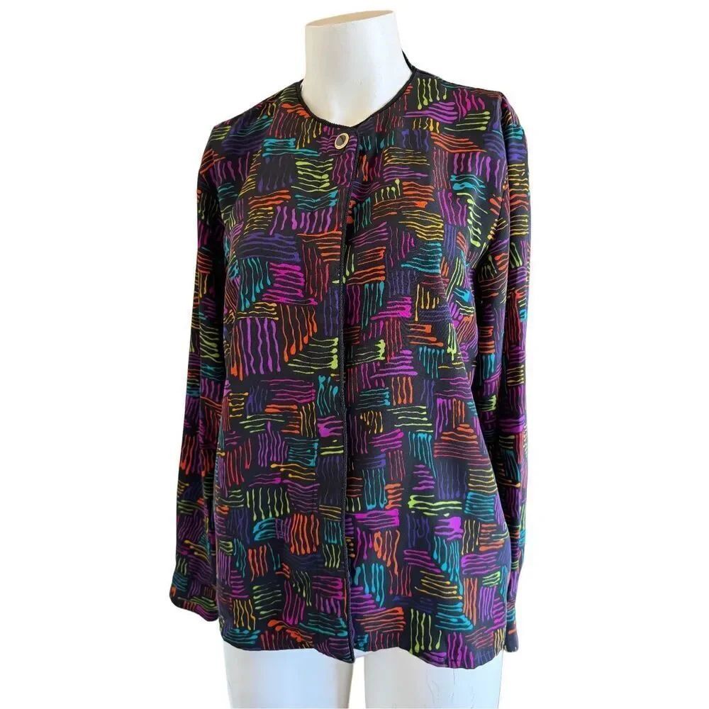 Women’s 80’s button up blouse wavy line neon medium high neck long sleeve